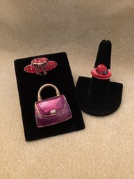 Red Hat Society Brooch, Ring & Purse Brooch