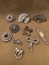 Collection Of Silver Tone & Rhinestone Brooches Incl. Signed