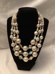 Vintage Triple Strand Aurora Borealis & Faux Pearl Necklace