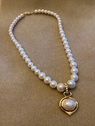 Signed G Silver Faux Pearl Pendant Necklace