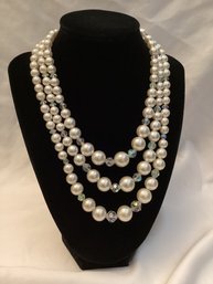 Vintage Triple Strand Aurora Borealis & Graduated Faux Pearl Necklace