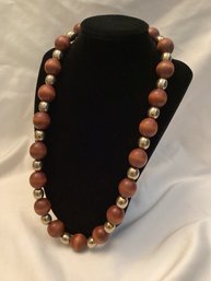 Vintage Wood & Silver Tone Beaded Necklace