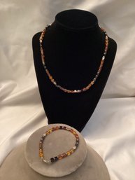 Marked 925 Clasp Square Amber Color Beaded Necklace & Bracelet Set