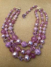 Vintage Triple Strand Purple Bead Necklace