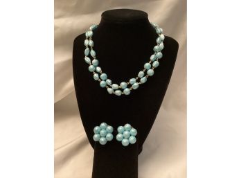 Vintage Baby Blue Double Strand Necklace With Clip Earrings