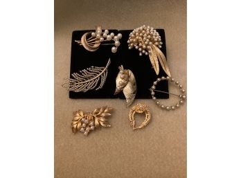 Gold Tone & Faux Pearl Brooches