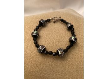 Marked 925 Heart Toggle Clasp Black Beaded Bracelet