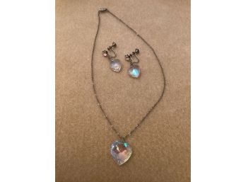 Vintage Aurora Borealis Heart Necklace & Matching Screw Back Earrings