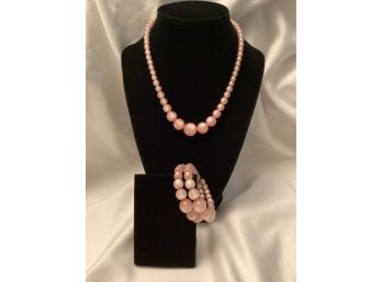 Petal Pink Moon Glow Lucite Necklace With Double Strand Cuff Bracelet