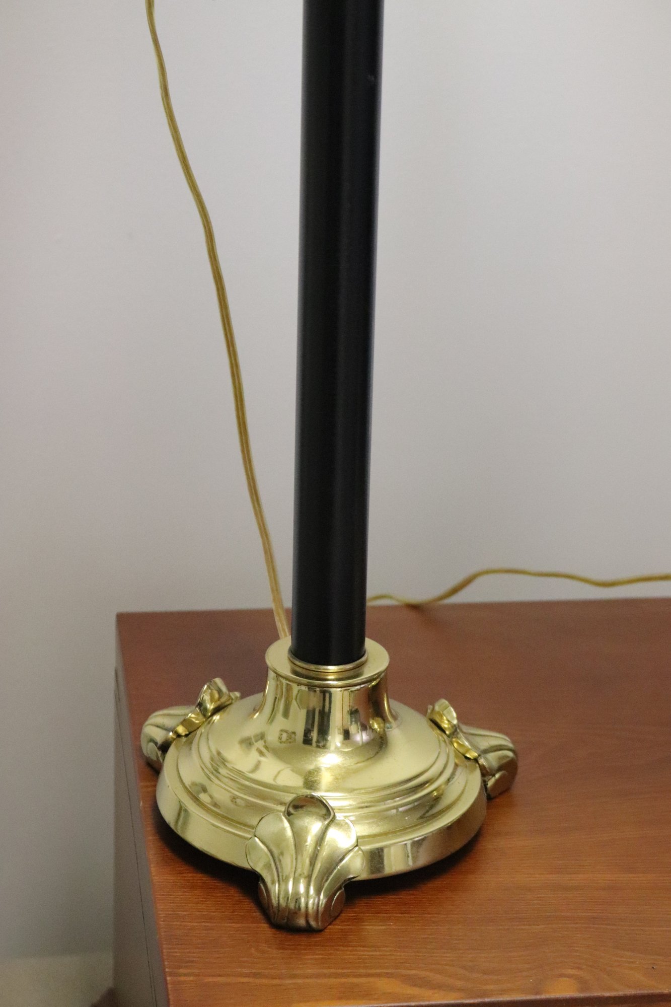 Pair Of Tall Candlestick Lamps With Brass Bases And Custom Shades