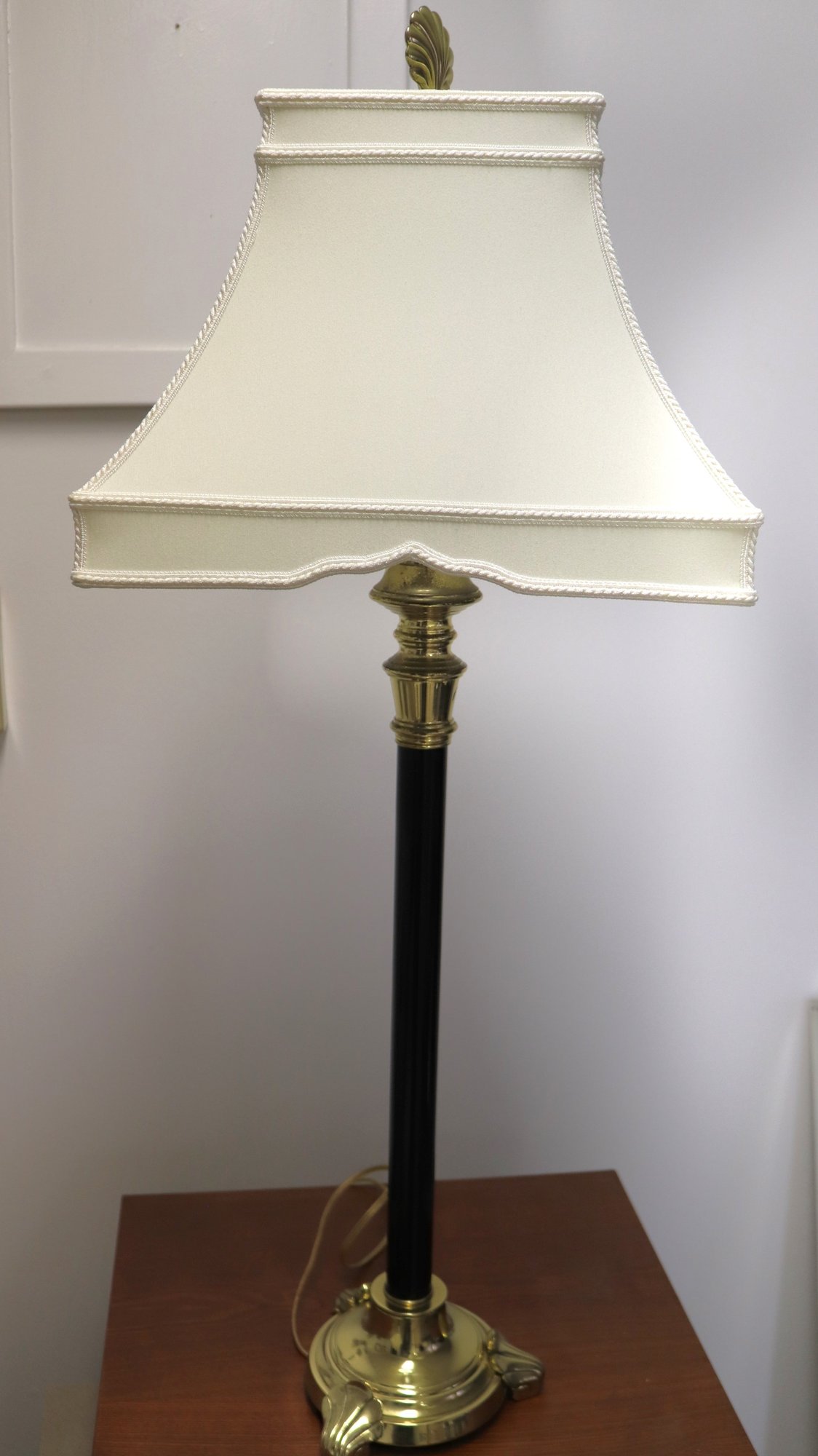 Pair Of Tall Candlestick Lamps With Brass Bases And Custom Shades