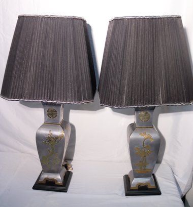 Pair Of Vintage Mid-Century Pewter And Brass Oriental Style Lamps With Black Pleated Shades.