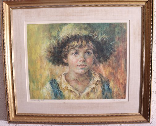 Vintage Lithograph Of Young Boy With Straw Hat A/P Signed And In Gold Frame.