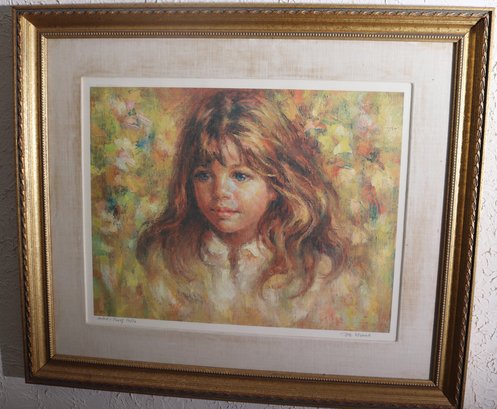 Vintage Lithograph Of Young Girl With Yellow Flowers. A/P Pencil Signed. World Art Editions.