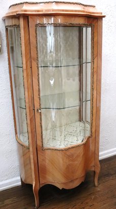 Louis XV Style Veneered Wood Display Cabinet With Curved Glass Door And Sides.