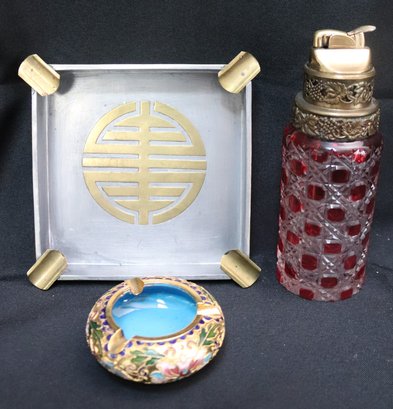 Two Vintage Ashtrays And Bohemian Cut To Clear Glass Lighter.