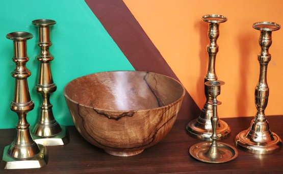 Hand Turned Mango Tree Wood Bowl Includes Assorted Brass Candlesticks