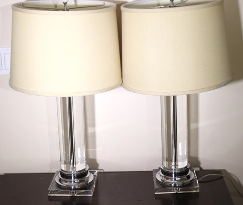 Pair Contemporary Glass And Lucite Table Lamps From Williams Sonoma With A Notched Base For The Cord