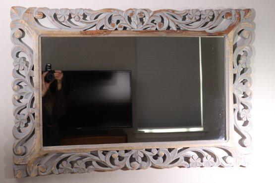 Decorative Carved Wood Wall Mirror Painted With A Rustic Gray Finish Approx. 39.5 X 27 Inches