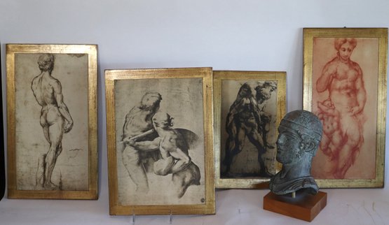 Fratelli Alinari Firenze Italy Print On Board Incl: Raffaello, Michelangelo And Museum Replica Sculpture