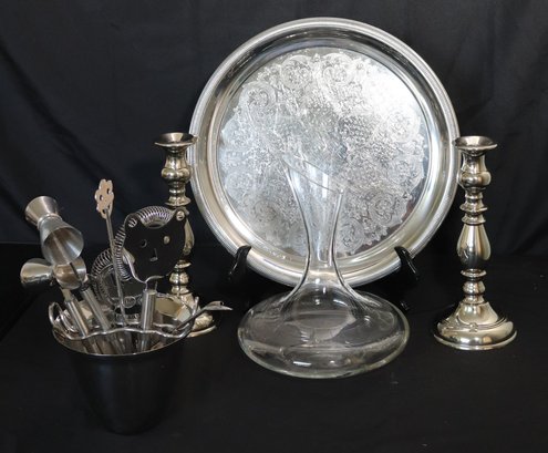 Serving Tray, Glass Decanter & Cocktail Accessories, Metal Candlesticks, Etched Platter