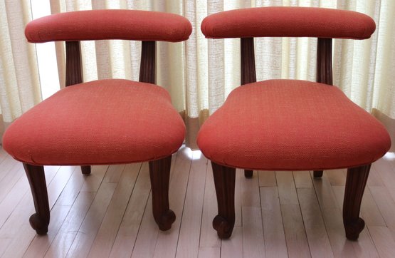 Pair Of French Inspired, Low Profile Side Chairs With Persimmon Fabric.