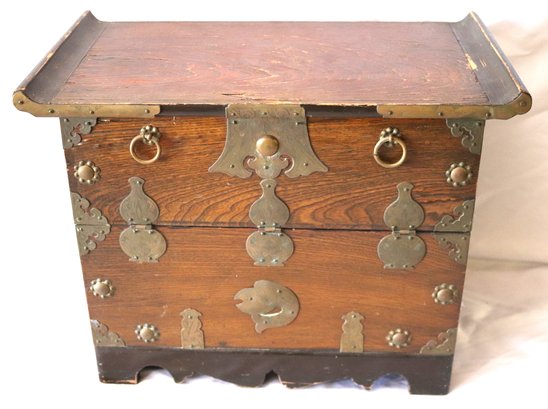 Vintage Asian Style Wood Storage Box With Ornate Hardware Throughout