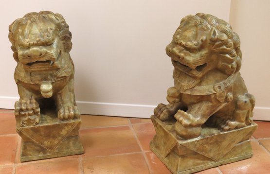 A Vintage Pair Of Light Green Marble Emperor Foo Dogs With Marble Bases.