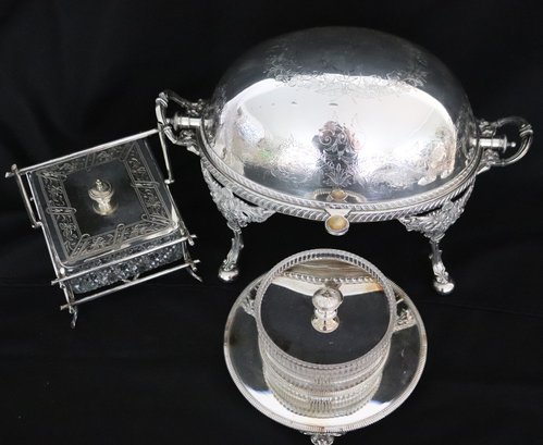 Lot Of Antique Silver Plate With Alexander Clarke English Roll Top Server, Footed Caviar Dish With Glass And S