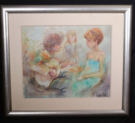 Signed Acrylic Painting On Canvas Of Guitar Player And 2 Female Admirers.