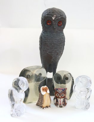 Miniature Owls Includes A Larger Cast Metal Statue, Daum France Crystal, Lucite Set & Cloisonne Owl.