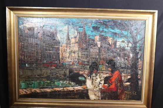 A Large, Midcentury Painting Of Paris Street Scene With Seine River, Signed By The Artist,