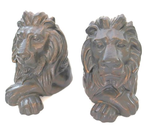 Pair Of Heavy Metal Dormant Lion Heads Bookends With A Felt Bottom In An Oil Bronze Like Finish