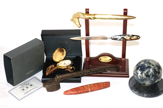 Collectibles Includes A Seiko Pocket Watch With Case, Letter Openers & More As Pictured
