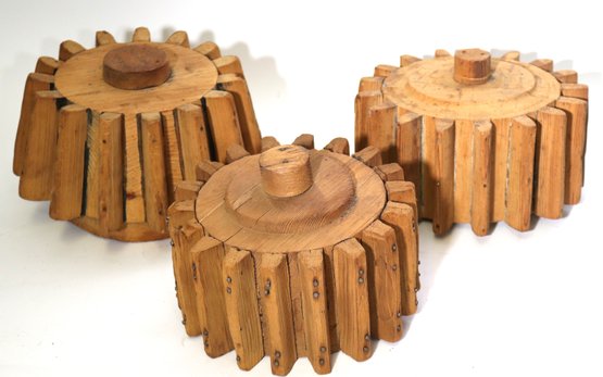 Three Unusual Primitive Wood Mill Wheel Pieces - Great For Home Decor