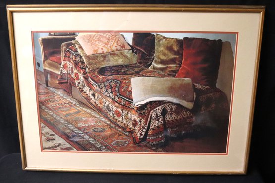 Framed Photograph Of Freuds Analytic Couch With Persian Rug Covering.