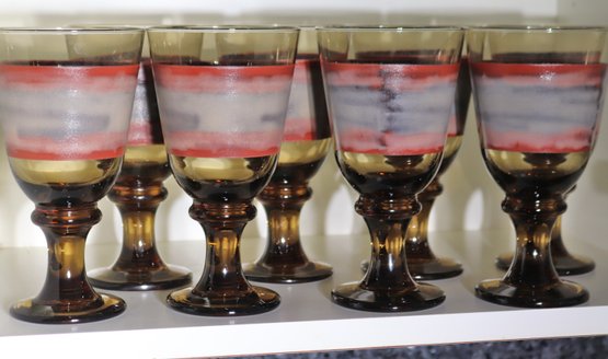 Set Of 8 Vintage Hand-blown Amber Wine Glasses With Multicolored Trim.