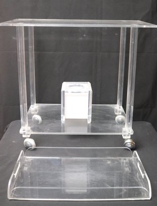 Vintage Lucite/acrylic, Rolling Cart With Tray, And Tissue Box.