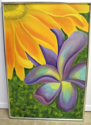 Contemporary Floral, Painting With Orange And Purple, Enchanting  Flowers Signed By Artist.