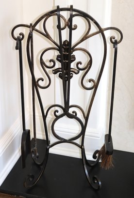 Set Of Ornate Wrought Iron Fireplace Tools With A Stand