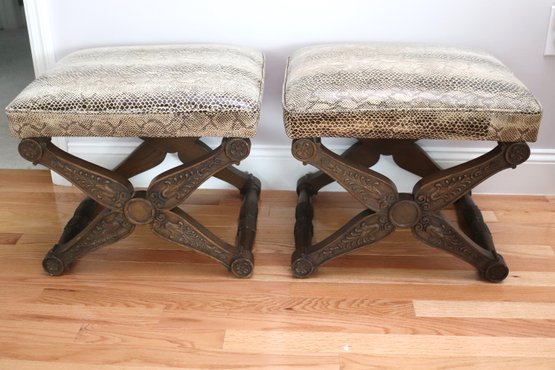 Pair Of Renaissance Style X Stools With Carved Wood And Faux Snake Skin Fabric,