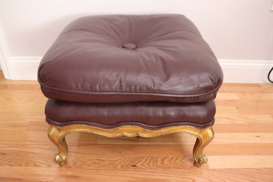 French Style Footstool With Center Tuft Top Pillow And Gilt Wood Legs.