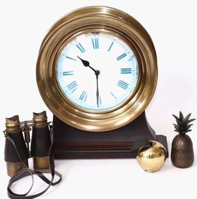 Maritime Style Battery Operated Clock Decor, Binoculars, Brass Apple Paper Weight, Brass Pineapple Trinket