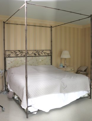 Fabulous 4 Poster King Size Metal Bed With Embroidered Silk Portion On The Headboard.