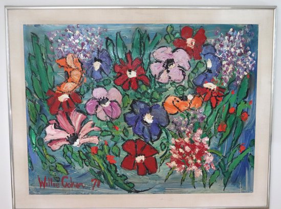 Listed Artist, Willie Cohen Post-impressionist Textured Painting Of  Flowers Signed Dated 71.