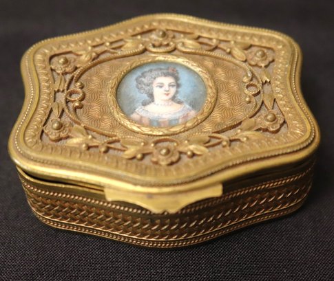 Vintage French Gilded Pill/trinket Box With A Portrait Of A Young Woman With Hand Sewn Liner