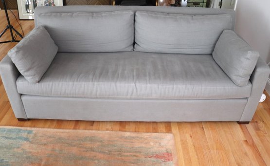 Restoration Hardware Light Gray Linen Sofa With Detachable Back Pillows.