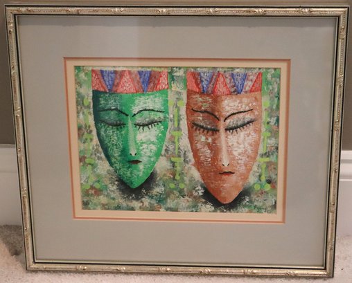Painting Signed Agung, 93 Of Two Females Masked Faces With Eyes Closed.
