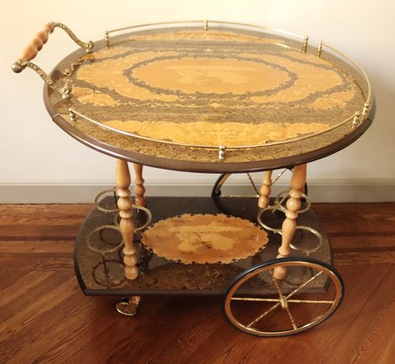 Gorgeous Inlaid Drop Leaf Serving Cart With A Chariot Race Scene