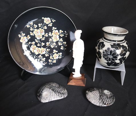 Delft Plate, Thai Vase, Bone Figurine, And Organic Form S-P Shakers.